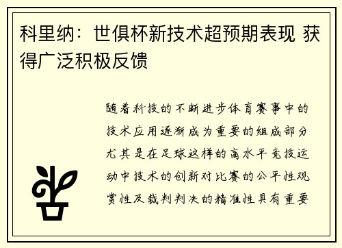 科里纳：世俱杯新技术超预期表现 获得广泛积极反馈