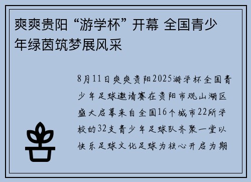 爽爽贵阳 “游学杯” 开幕 全国青少年绿茵筑梦展风采
